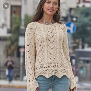 Sundance Beige Tan Open Knit Crochet Sweater with Bell Sleeves